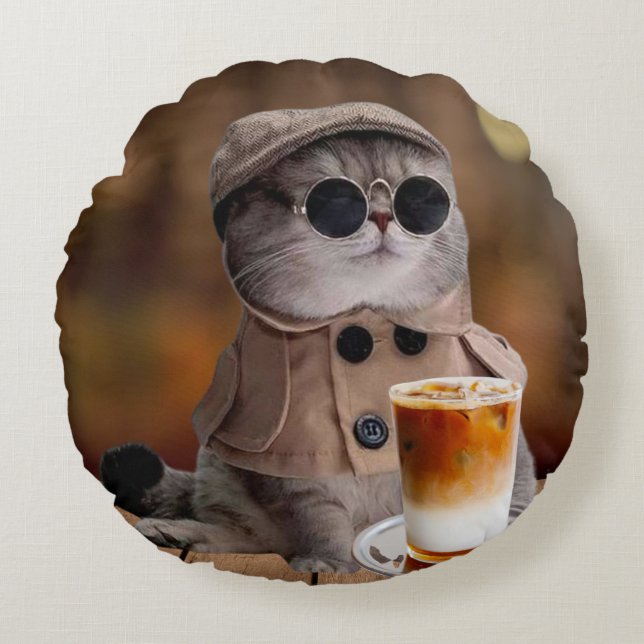 Pompoen Spice Herfst Kat Rond Sierkussen Kussen (Voorkant)