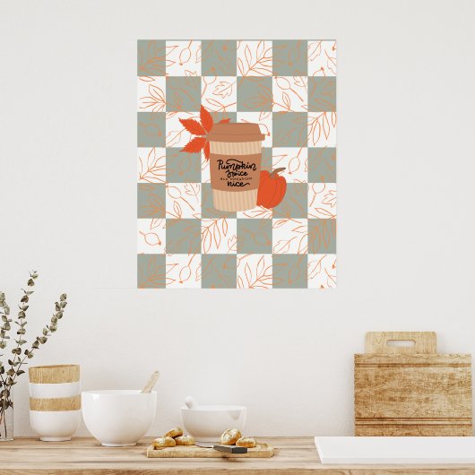 Pompoen Spice Latte op Flanel achtergrond Poster (Keuken)