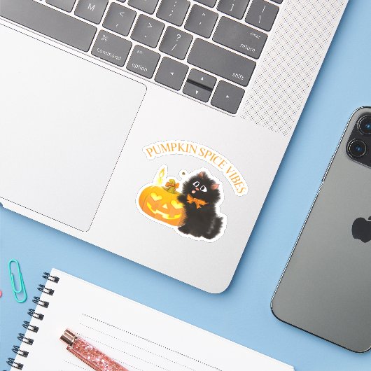 Pompoen Spice Vibes, Halloween, zwarte kat, pompoe Sticker (Laptop met iPhone)