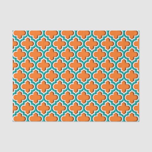 Pompoen, Teal, Witte Marokkaanse Quatrefoil #5DS Tissuepapier (Voorkant)