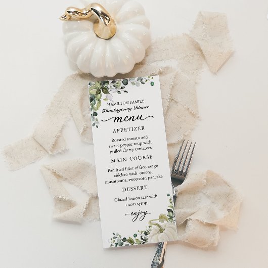 Pompoen Thanksgiving-diner Menu kaart met groen