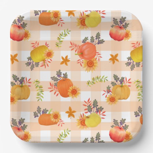 Pompoen Thanksgiving Gingham Peach Papieren Bordje (Voorkant)