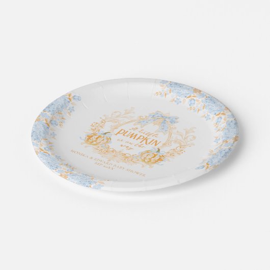 Pompoen Toile Crest Elegant Boy Baby shower Papieren Bordje (Gekanteld)