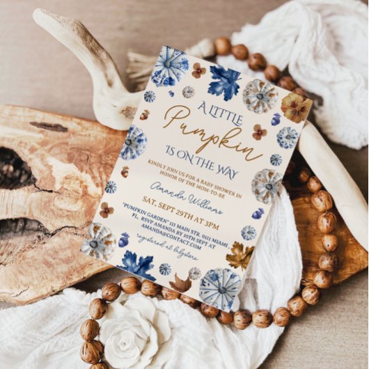 Pompoen Toile de Jouy Blauwe Terracotta Baby Showe Kaart