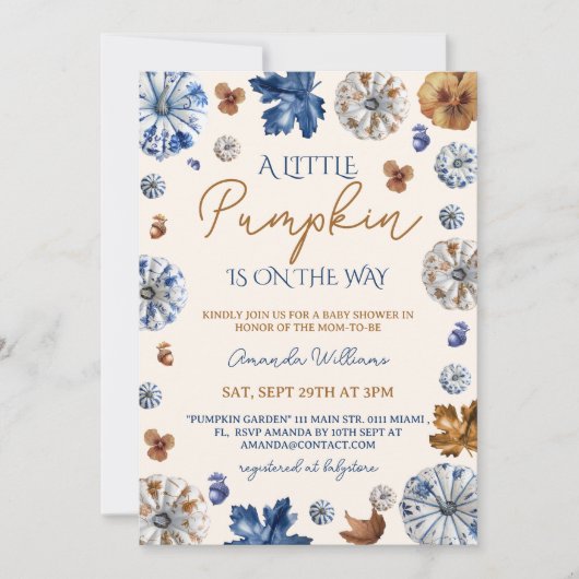 Pompoen Toile de Jouy Blauwe Terracotta Baby Showe Kaart (Voorkant)