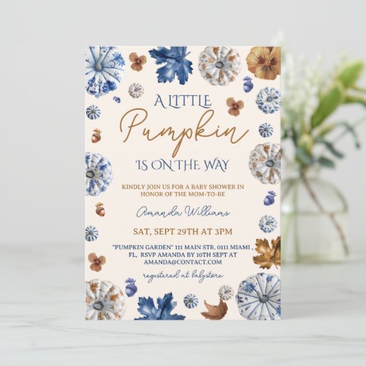 Pompoen Toile de Jouy Blauwe Terracotta Baby Showe Kaart (Staand voorkant)