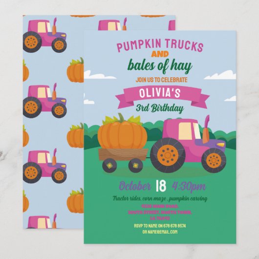 Pompoen Tractoren Verjaardag Oogst Party Meisjes Kaart (Voorkant / Achterkant)