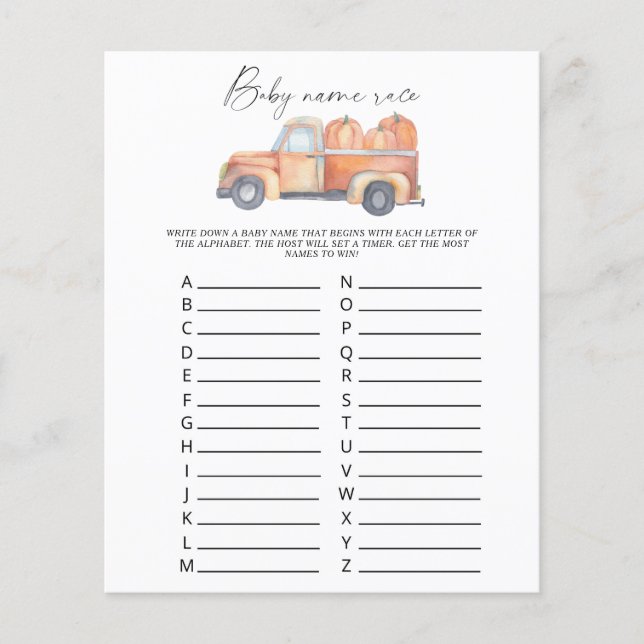 Pompoen truck - Baby naam race spel (Voorkant)