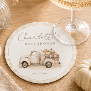 Pompoen Truck Rustic Gingham Herfst Baby Shower Ronde Kartonnen Onderzetter