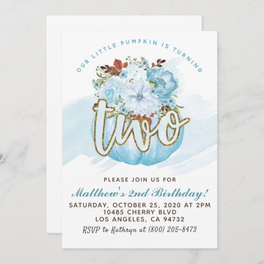 Pompoen tweede verjaardagsuitnodiging kaart (Voorkant / Achterkant)