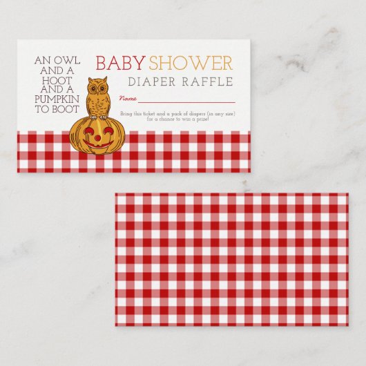 Pompoen Uil & Gingham Baby Luier Raffle Ticket Informatiekaartje (Voorkant / Achterkant)