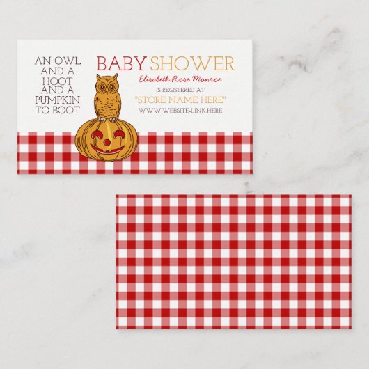 Pompoen Uil & Gingham Baby shower Gift Registry Informatiekaartje (Voorkant / Achterkant)