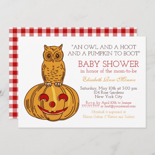 Pompoen Uil & Gingham Baby Shower Kaart (Voorkant / Achterkant)