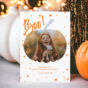 Pompoen uitgesneden boo Halloween wit sinaasappel Kaart