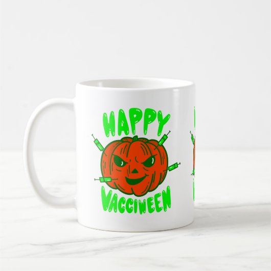 pompoen van een covid halloween vaccin koffiemok (Links)