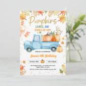 Pompoen Verjaardag Party Boy Blue Truck Herfst Her Kaart (Staand voorkant)