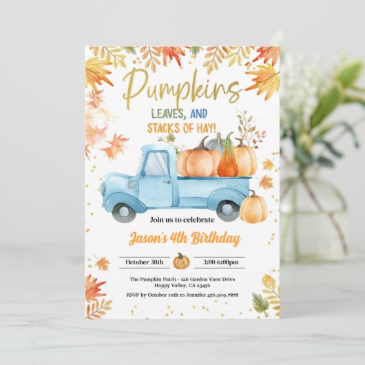 Pompoen Verjaardag Party Boy Blue Truck Herfst Her Kaart (Staand voorkant)