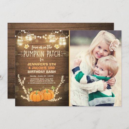 Pompoen Verjaardag uitnodiging patch Twins Herfst (Voorkant / Achterkant)