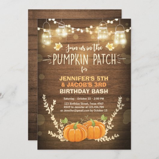 Pompoen Verjaardag uitnodiging patch Twins Herfst (Voorkant / Achterkant)