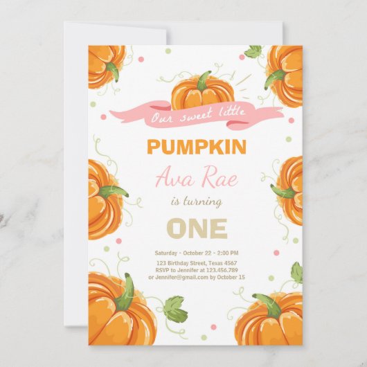 Pompoen Verjaardag uitnodiging Roze Eerste Verjaar (Voorkant)