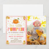 Pompoen Verjaardag uitnodiging Roze Eerste Verjaar (Voorkant / Achterkant)