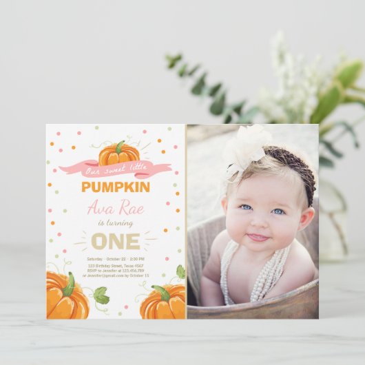 Pompoen Verjaardag uitnodiging Roze Eerste Verjaar (Staand voorkant)