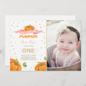 Pompoen Verjaardag uitnodiging Roze Eerste Verjaar (Voorkant / Achterkant)