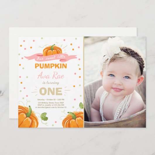 Pompoen Verjaardag uitnodiging Roze Eerste Verjaar (Voorkant / Achterkant)