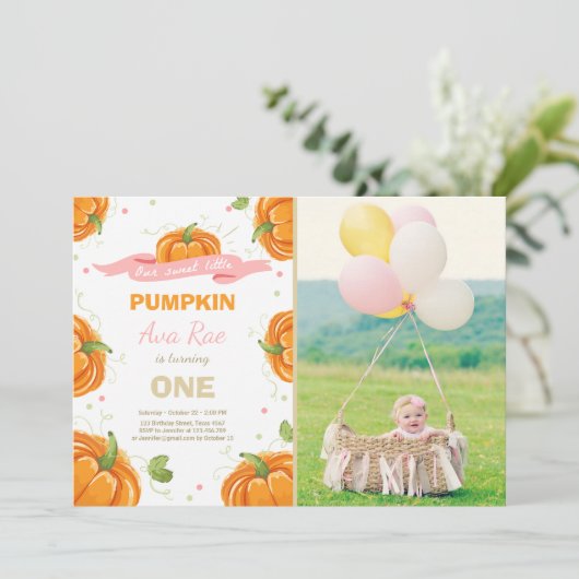 Pompoen Verjaardag uitnodiging Roze Eerste Verjaar (Staand voorkant)