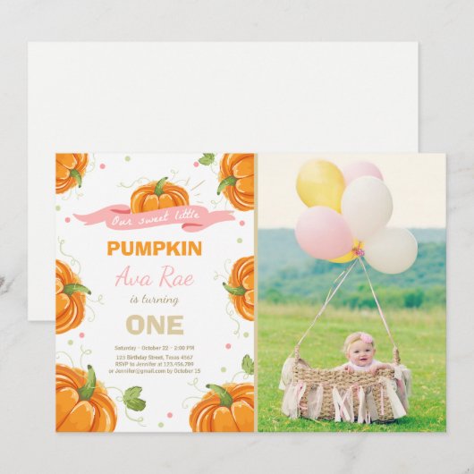 Pompoen Verjaardag uitnodiging Roze Eerste Verjaar (Voorkant / Achterkant)