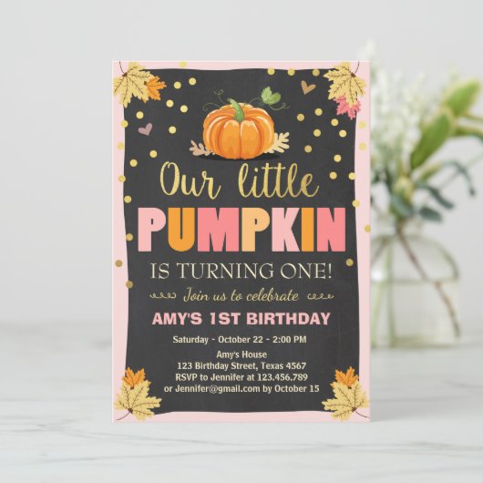 Pompoen Verjaardag uitnodiging Roze Eerste Verjaar (Staand voorkant)