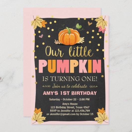 Pompoen Verjaardag uitnodiging Roze Eerste Verjaar (Voorkant / Achterkant)