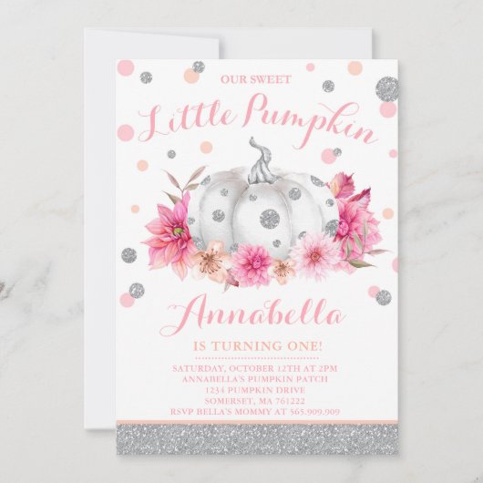 Pompoen Verjaardag Uitnodiging Roze Zilveren Pompo (Voorkant)