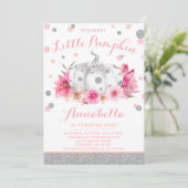 Pompoen Verjaardag Uitnodiging Roze Zilveren Pompo (Staand voorkant)