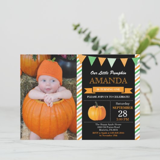 Pompoen verjaardagsuitnodiging Sinaasappel en groe Kaart (Staand voorkant)