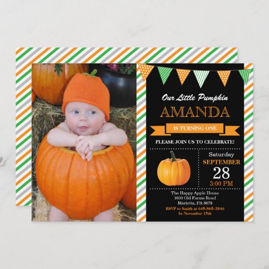 Pompoen verjaardagsuitnodiging Sinaasappel en groe Kaart (Voorkant / Achterkant)