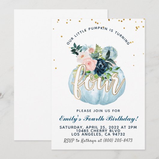 pompoen vierde verjaardag uitnodiging (Voorkant / Achterkant)