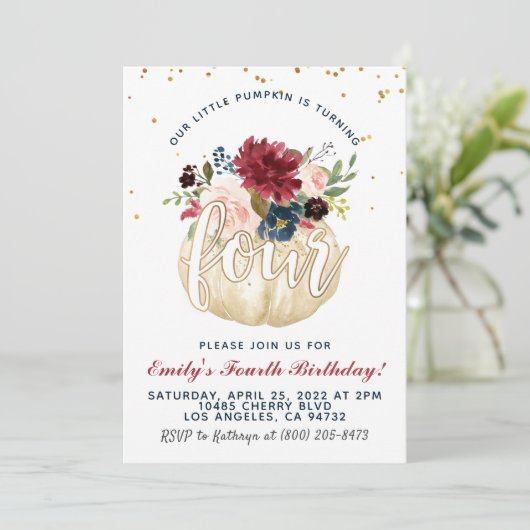 pompoen vierde verjaardag uitnodiging (Staand voorkant)