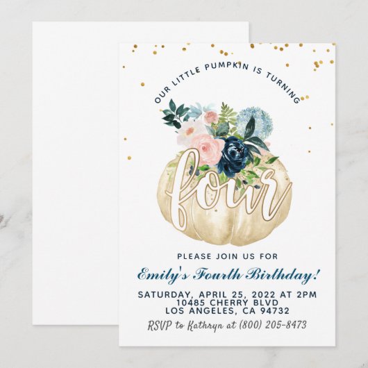 Pompoen vierde verjaardagsuitnodiging kaart (Voorkant / Achterkant)
