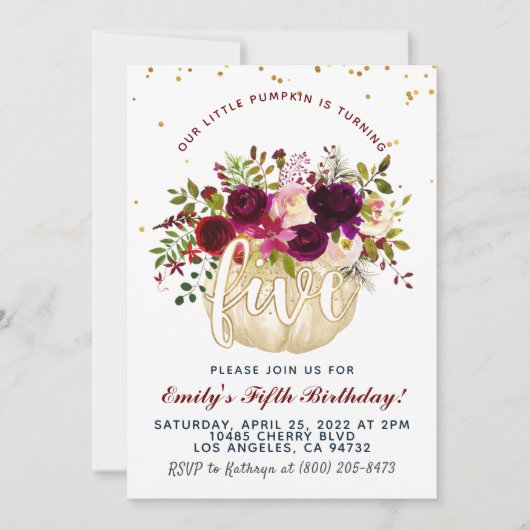 Pompoen Vijfde Verjaardag uitnodiging (Voorkant)