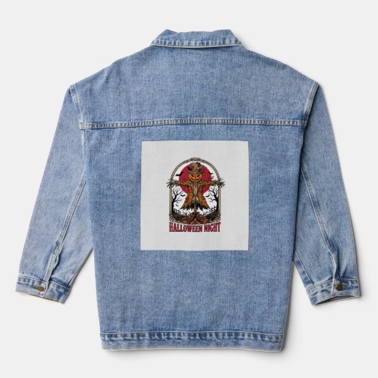 Pompoen Vogelverschrikker Halloween Vintage Gravur Denim Jacket (Achterkant)