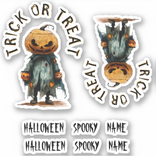 Pompoen vogelverschrikker Trick Treat Spooky Party Sticker (Voorkant)