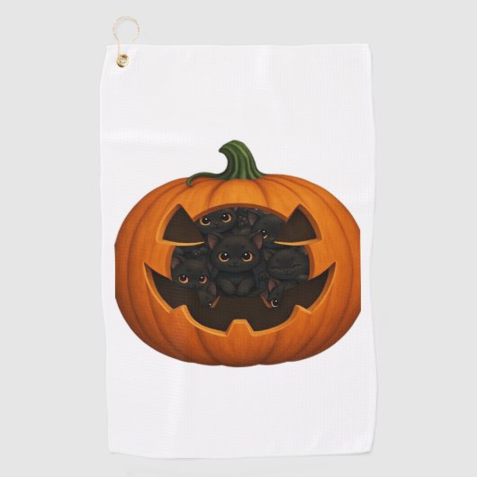 Pompoen Vol Kittens - Schattigee Zwarte Kat Hallow Golfhanddoek (Voorkant)