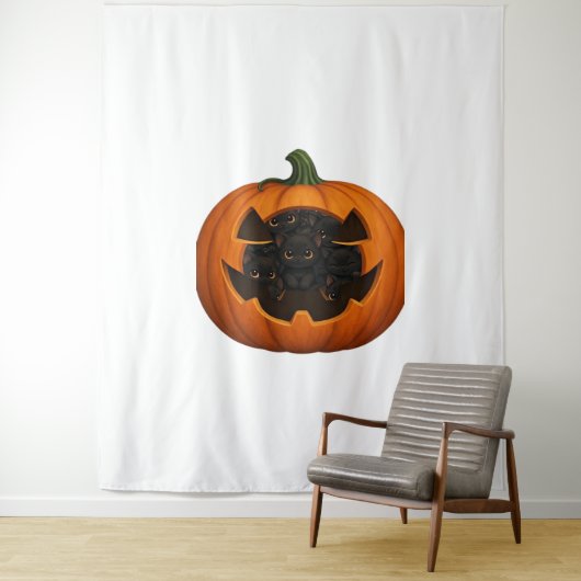 Pompoen Vol Kittens - Schattigee Zwarte Kat Hallow Wandkleed (In situ)