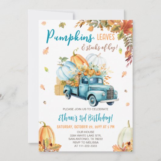 Pompoen Vrachtwagen Herfst Jongen Verjaardagsfeest Kaart (Voorkant)