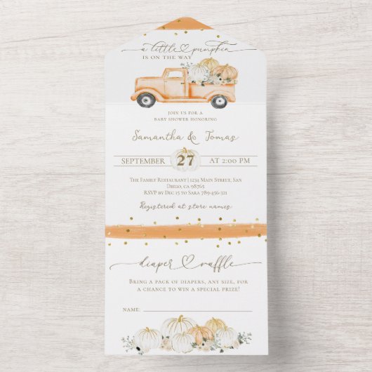 Pompoen Vrachtwagen Modern Herfst Baby shower All In One Uitnodiging (Binnen)