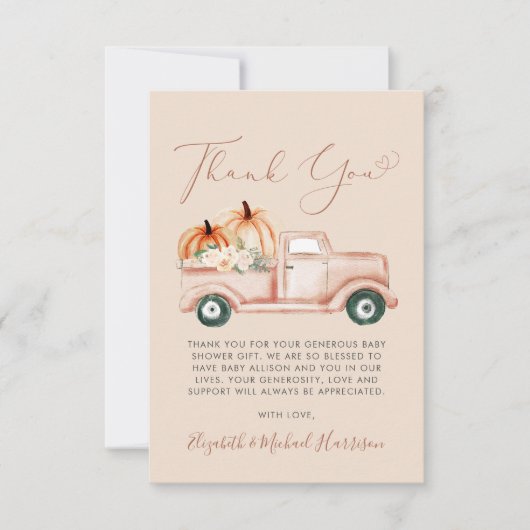 Pompoen Vrachtwagen Waterverf Baby shower Bedankkaart (Voorkant)