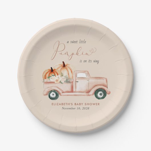 Pompoen Vrachtwagen Waterverf Herfst Baby shower Papieren Bordje (Voorkant)