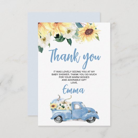 Pompoen Vrachtwagen Zonnebloem Baby shower Dank u Kaart (Voorkant / Achterkant)