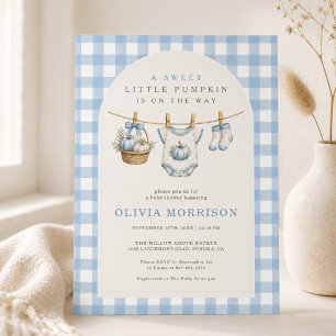 Pompoen Waslijn Blauwe Gingham Jongens Baby Shower Kaart